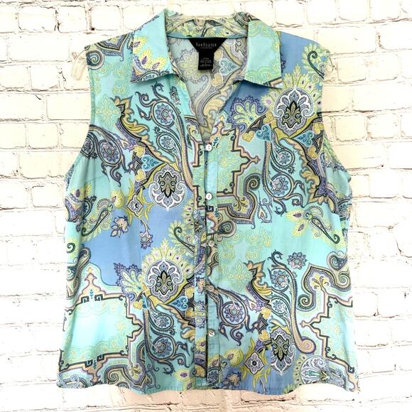 Van Heusen Wms Large Sleeveless Paisley Print Button Front Blouse Casual Summer - Picture 1 of 7